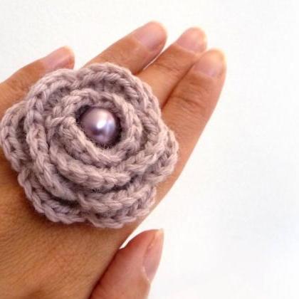 Pink Flower Ring - Crochet Wool Rose, Adjustable,..