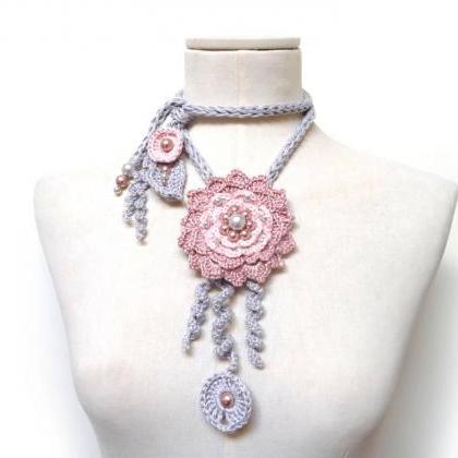 Crochet Cotton Lariat Necklaces - Light Grey..