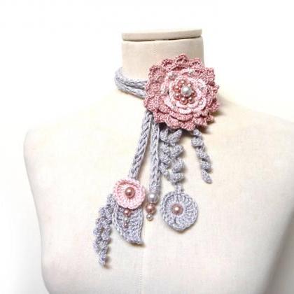 Crochet Cotton Lariat Necklaces - Light Grey..