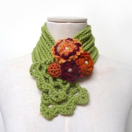 Crochet Green Scarf With Flowers - Lime Green..