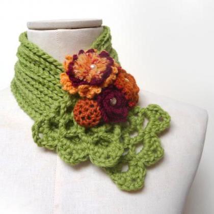 Crochet Green Scarf With Flowers - Lime Green..