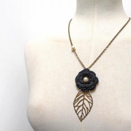 Black Flower Necklace With Brass Chain And Leaf -..