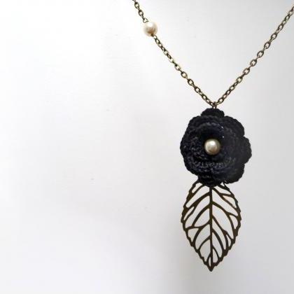 Black Flower Necklace With Brass Chain And Leaf -..