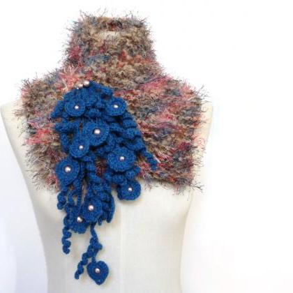 Knit Chunky Scarf, Faux Fur Crochet Neckwarmer /..