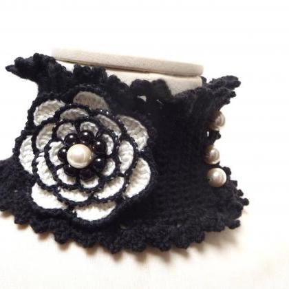 Crocheted Black And White Neckwarmer / Necklace..