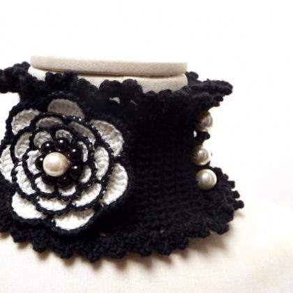 Crocheted Black And White Neckwarmer / Necklace..