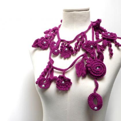 Long Boho Lariat Necklace, Crochet Plum Purple..