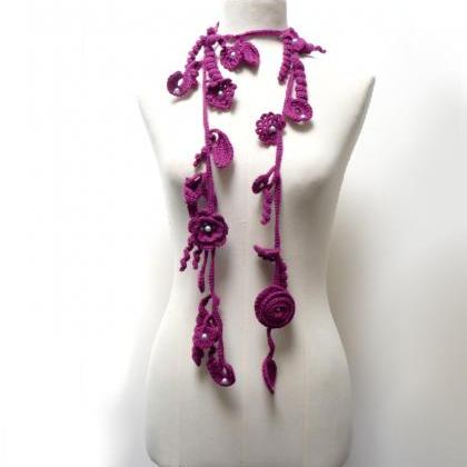 Long Boho Lariat Necklace, Crochet Plum Purple..