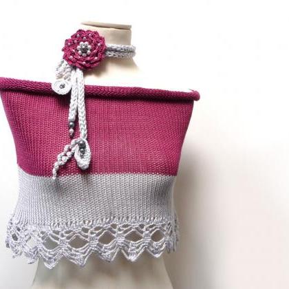 Crochet Cotton Lariat Necklace - Light Grey Leaves..