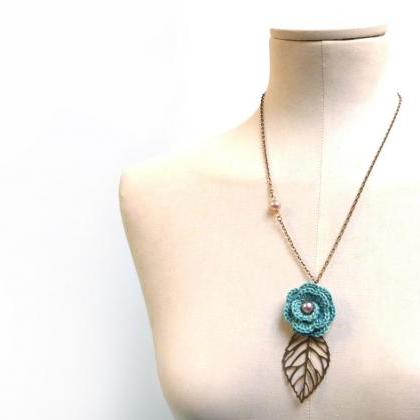 Flower Necklace, Brass Chain And Leaf Charm, Mint..
