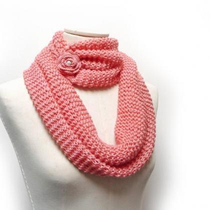 Peach Pink Infinity Scarf, Chunky Cowl, Knit..