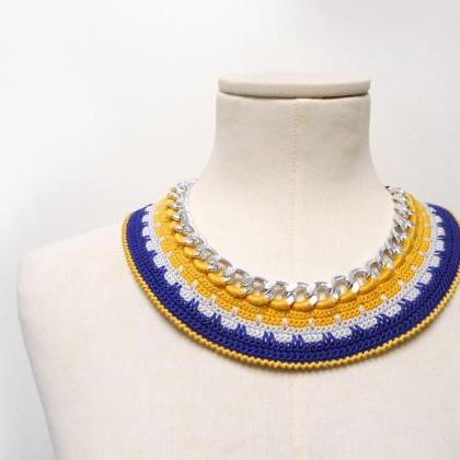 Summer Bib Necklace - Blue And Yellow Crochet..