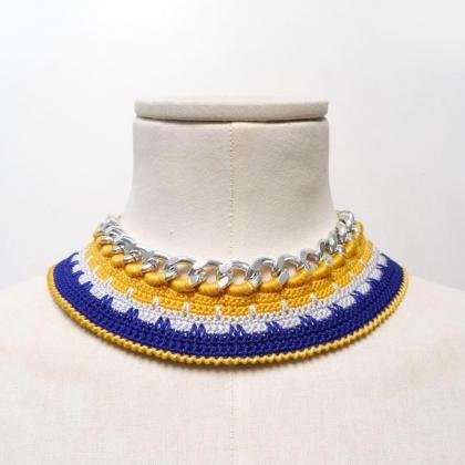 Summer Bib Necklace - Blue And Yellow Crochet..