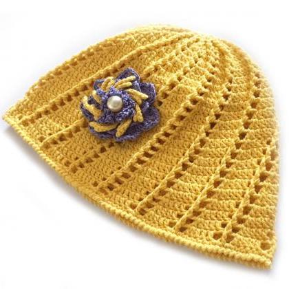 Yellow Cotton Beanie Hat, Crochet L..