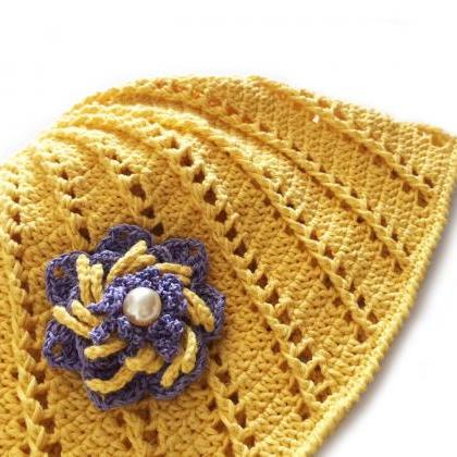 Yellow Cotton Beanie Hat, Crochet Lace Summer Hat,..