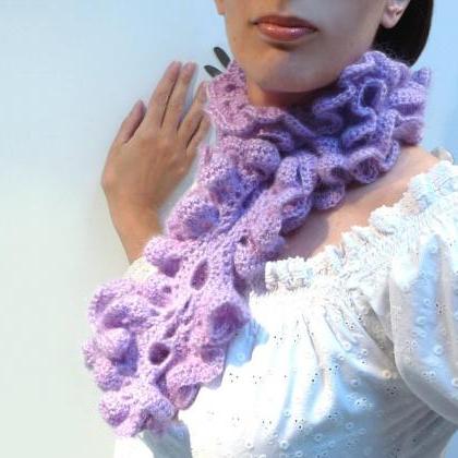 Crochet Chunky Scarf - Mohair Ruffle Scarflette -..
