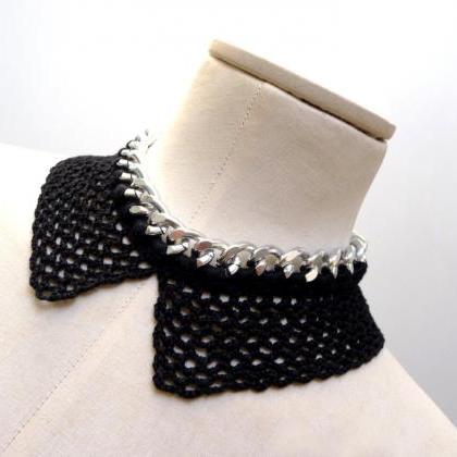 Black Peter Pan Collar Necklace, Crochet Cotton..