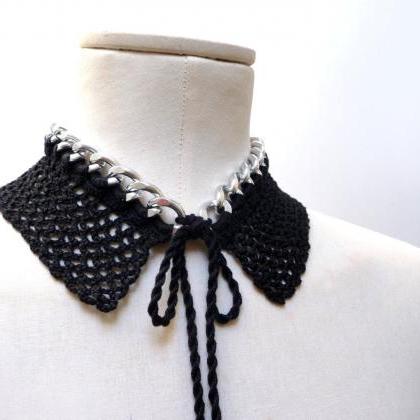 Black Peter Pan Collar Necklace, Crochet Cotton..