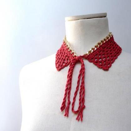 Crochet Collar Necklace - Gold Metal Chain And..