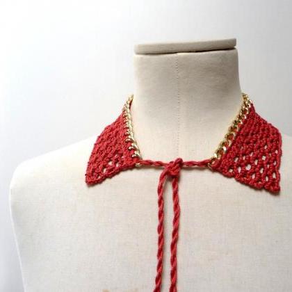 Crochet Collar Necklace - Gold Metal Chain And..