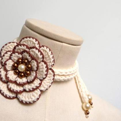 Crochet Lariat Necklace With Big Flower, White And..