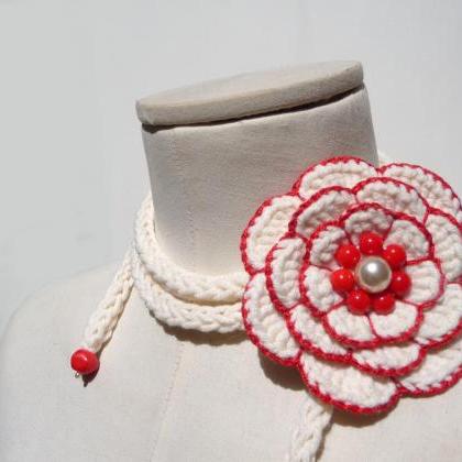 Crochet Lariat Necklace With Big Flower, White And..