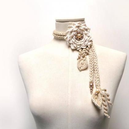 Crochet Cotton Lariat Necklace - Light Beige /..
