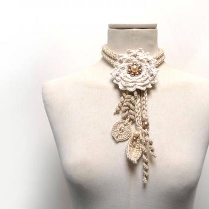 Crochet Cotton Lariat Necklace - Light Beige /..