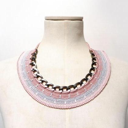 Crochet Cotton And Chain Necklace Choker - Pink..