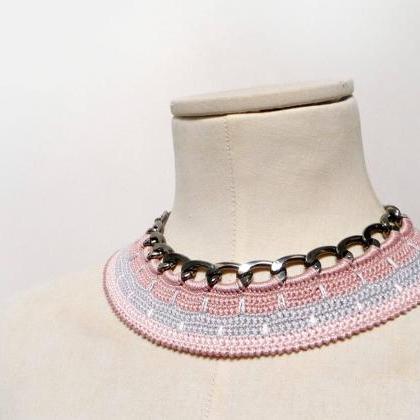 Crochet Cotton And Chain Necklace Choker - Pink..