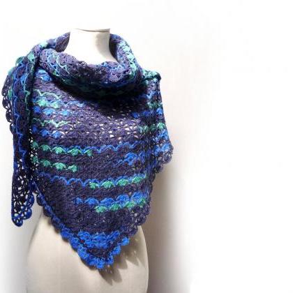 Triangle Crochet Shawl Scarf Wrap Stole - Blue,..