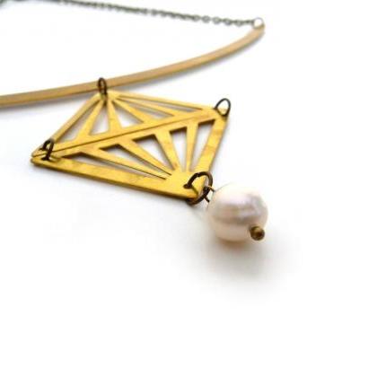 Gold Brass Triangle Necklace With Fresh Water..