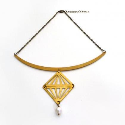 Gold Brass Triangle Necklace With Fresh Water..