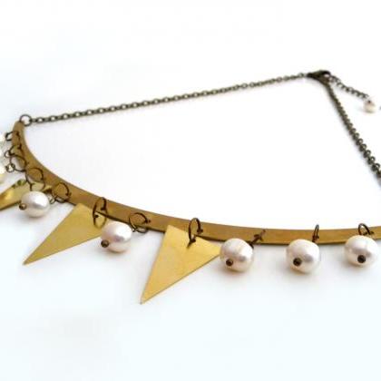 Gold Brass Necklace, Triangles And White Fresh..