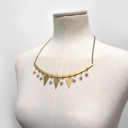 Gold Brass Necklace, Triangles And White Fresh..