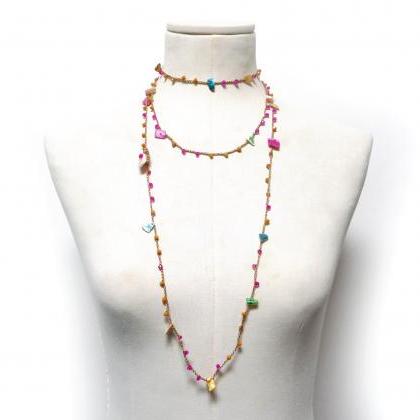 Long Beaded Gold Necklace With Yellow And Pink..