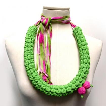 Crochet Statement Necklace - Lime Green Upcycled..