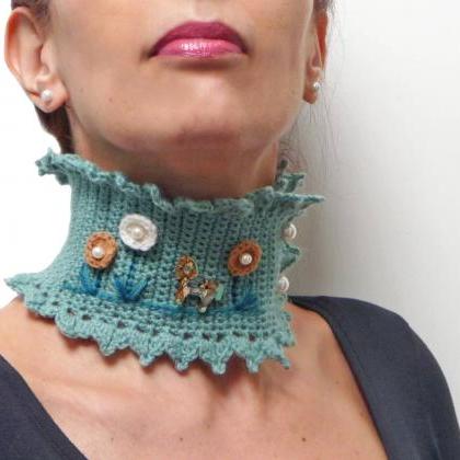 Indigo Blue Cowl, Choker Necklace With Little..