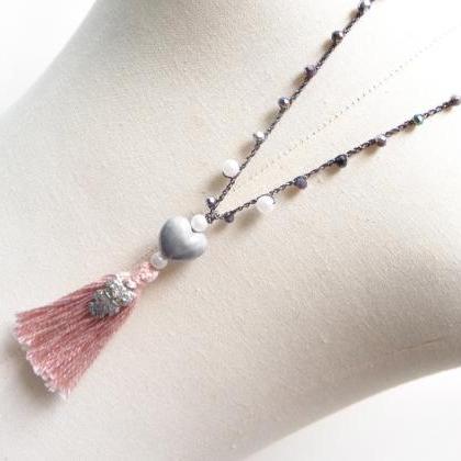 Owl Long Beaded Necklace With Silver Crystals And..