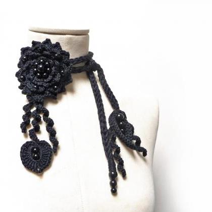 Crochet Lariat Necklace With Black Flower And..
