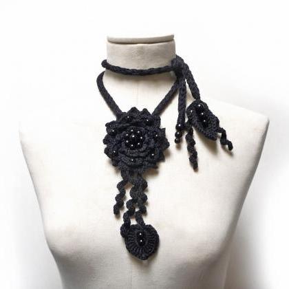 Crochet Lariat Necklace With Black Flower And..