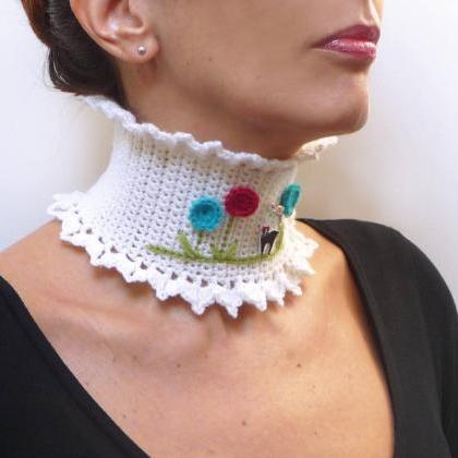 White Collar Scarf Neckwarmer With A Little Deer..