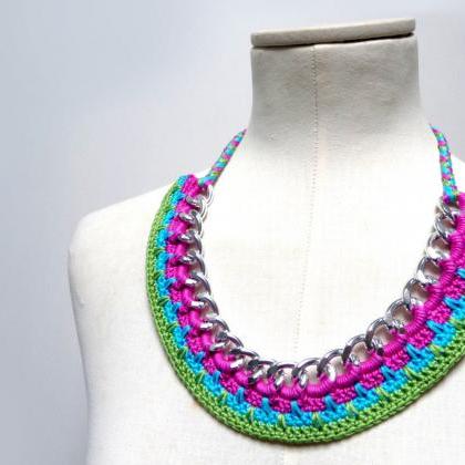 Crochet Chain Necklace Choker - Color Block..