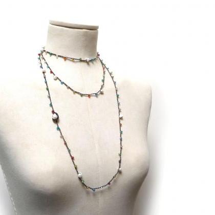 Long Beaded Necklace, Boho Style Multi Wrap..