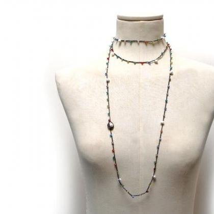 Long Beaded Necklace, Boho Style Multi Wrap..