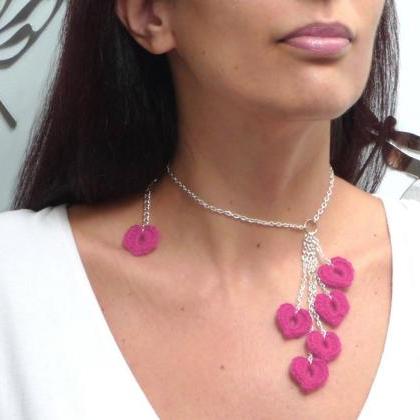 Love Necklace With Tiny Pink Heart Charms, Gift..