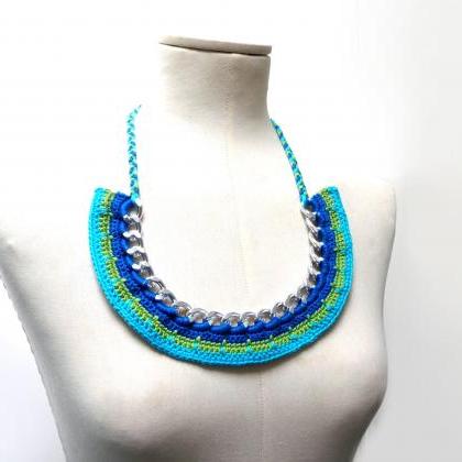 Multicolor Bib Necklace, Statement Collar, Blue..