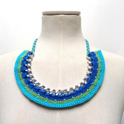 Multicolor Bib Necklace, Statement Collar, Blue..