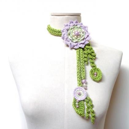 Crochet Cotton Lariat Necklace - Lime Green Leaves..