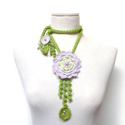 Crochet Cotton Lariat Necklace - Lime Green Leaves..
